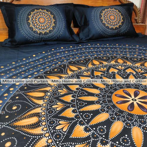 King Size Full Panel Cotton Bedsheet Set with Pillow Covers Chador Set (Black)