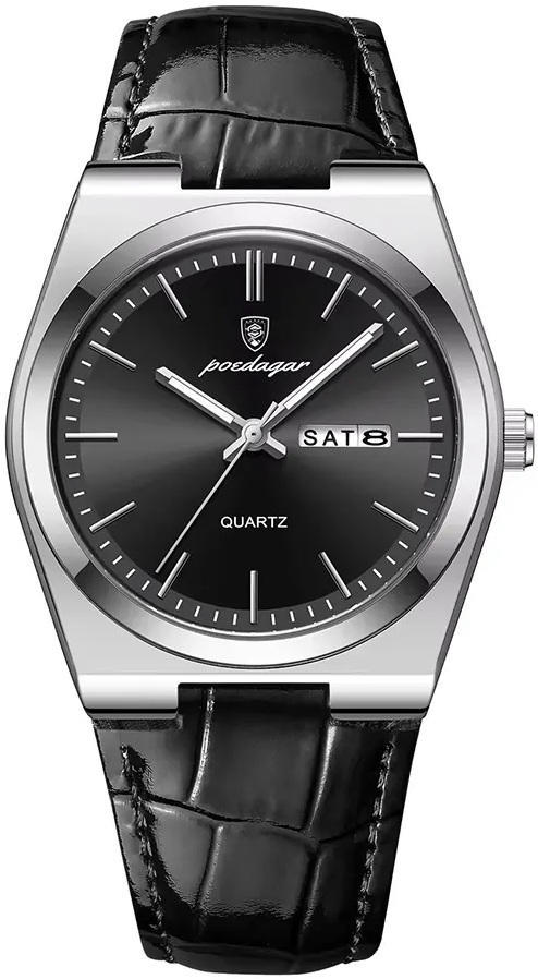 Poedagar 930 Elegant Ultra-Thin Gemstone Leather Luminous Quartz Watch- Black