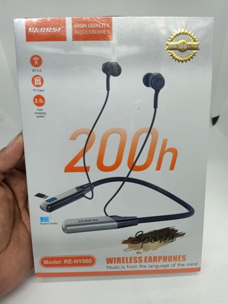 Original Regrsi Model: RE-NY060 Wireless Neckband 200h Long Battery, LED Power Display, TF Card, Fast Charging speed
