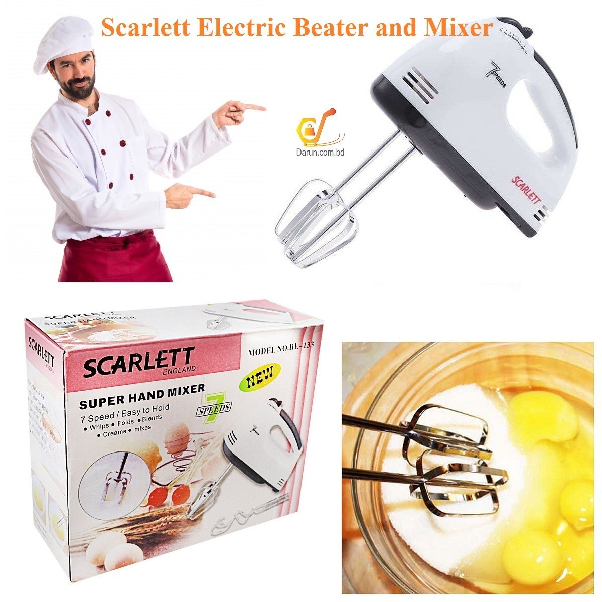 ? মিনিমাম অর্ডার: ৬ পিস, Scarlett Electric Egg Beater & Mixer – Cake & Cream Whisker (White)