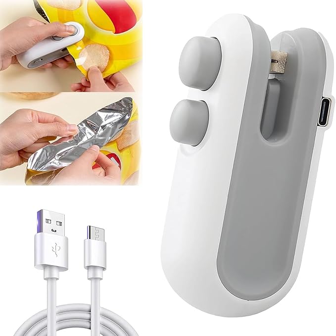 Mini Bag Sealer, 2 in 1 USB Rechargeable Bag Sealer Heat Seal Cutter, Rechargeable Mini Snack Bag Sealer, Portable Resealer Machine for Plastic Bags Food Storage Snacks Freshness