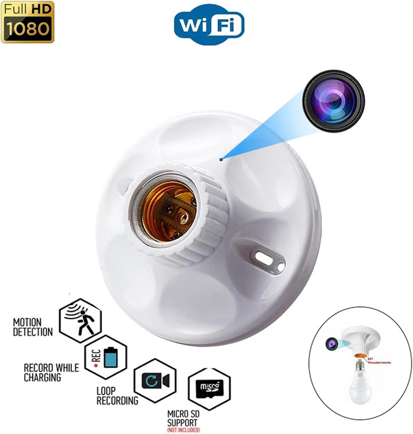 HD Bulb Socket Base Wireless IP Camera Lamp Holder Security Lens Spy Cam