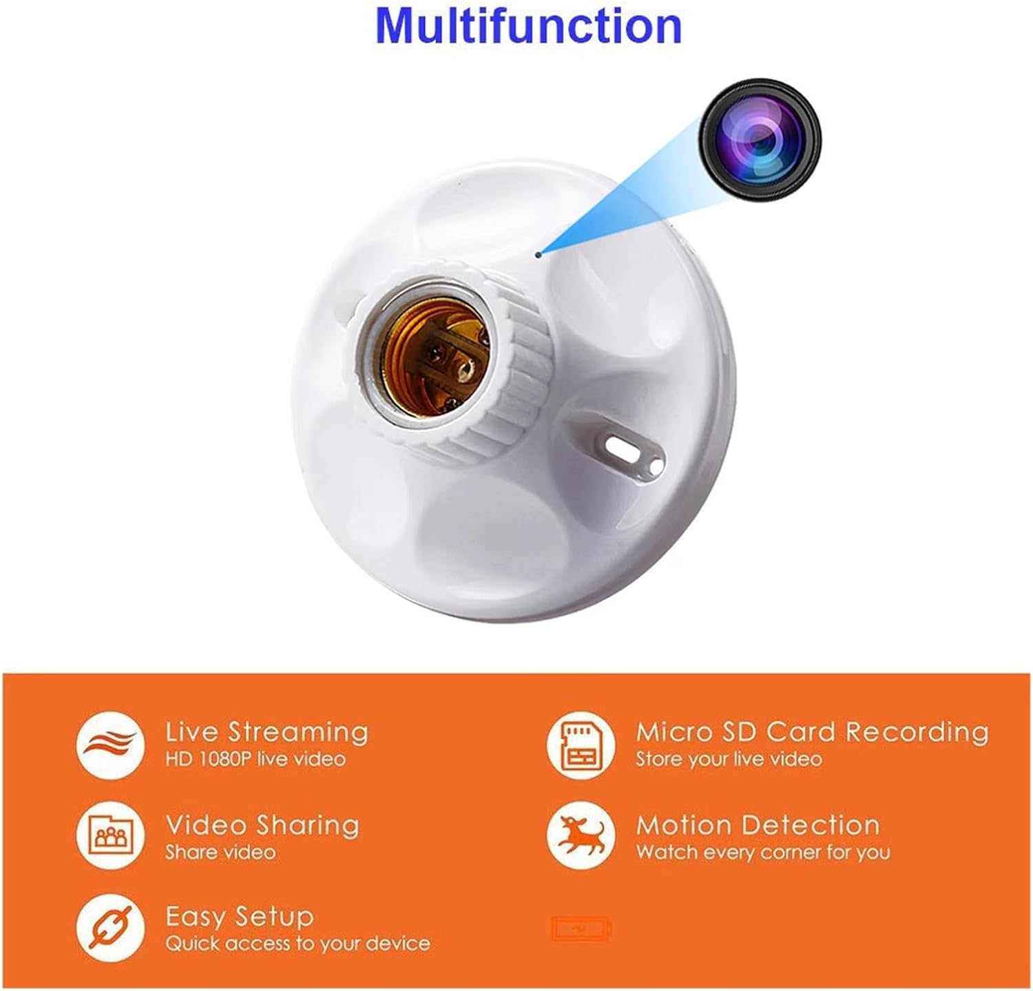 HD Bulb Socket Base Wireless IP Camera Lamp Holder Security Lens Spy Cam