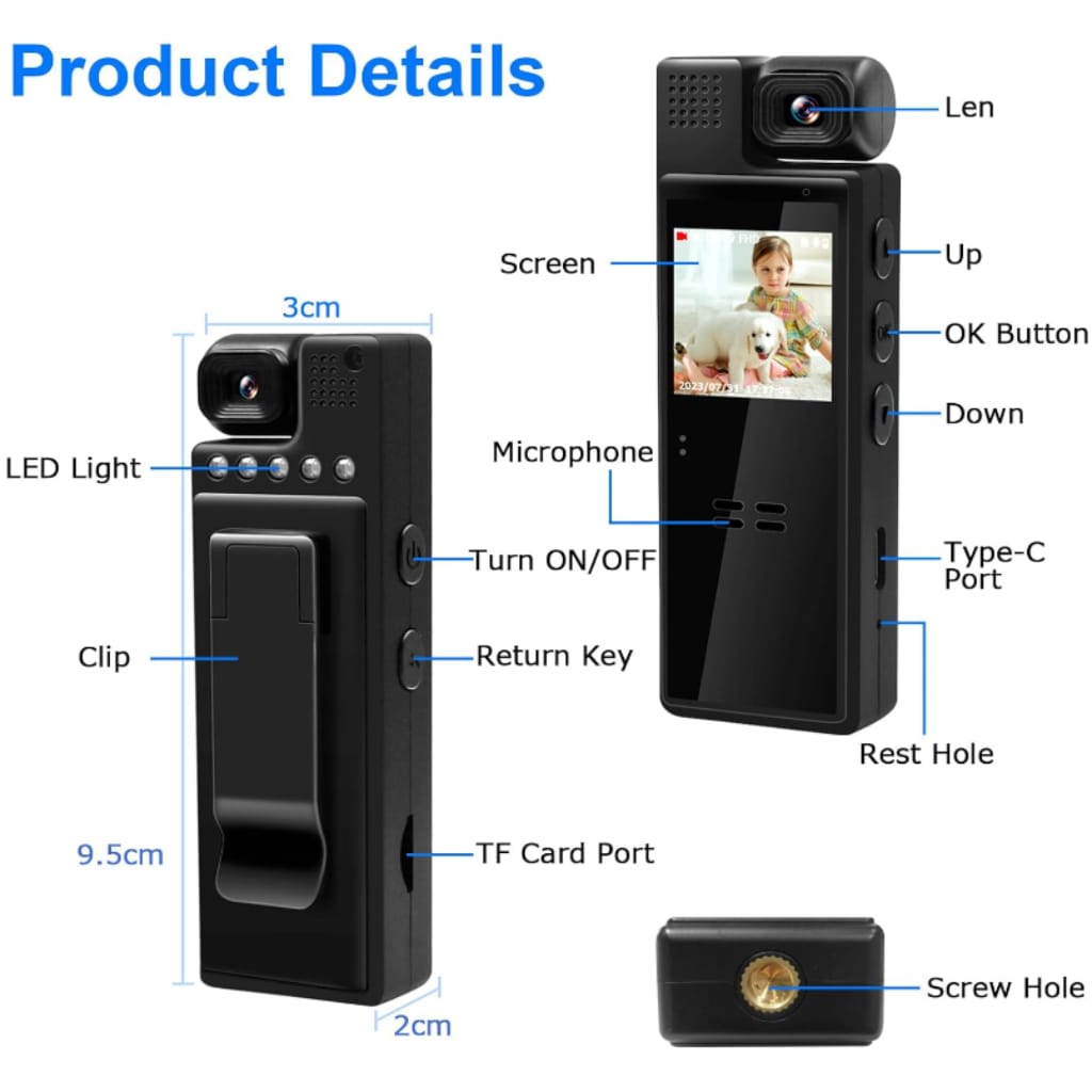 L9 Portable Body Camera 180° Rotating Lens Night Vision