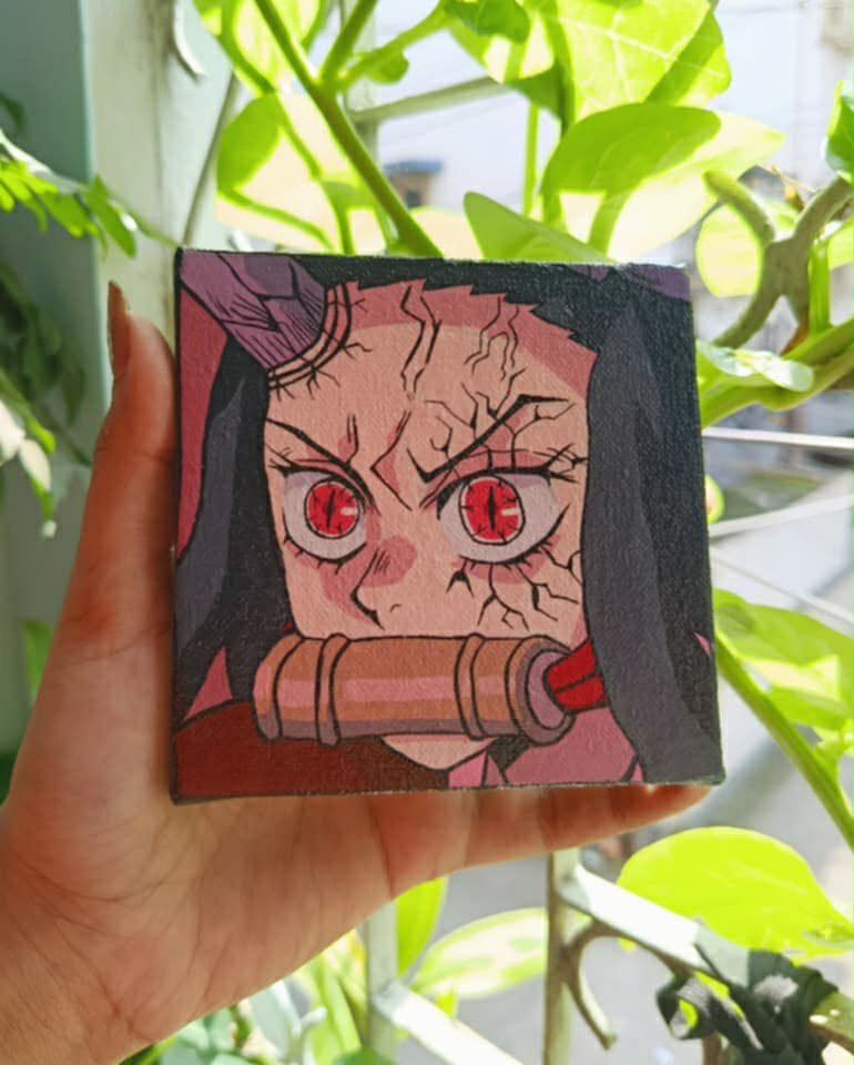 Nezuko (Demon Slayer) – Handmade Canvas Art | 4×4 Inch