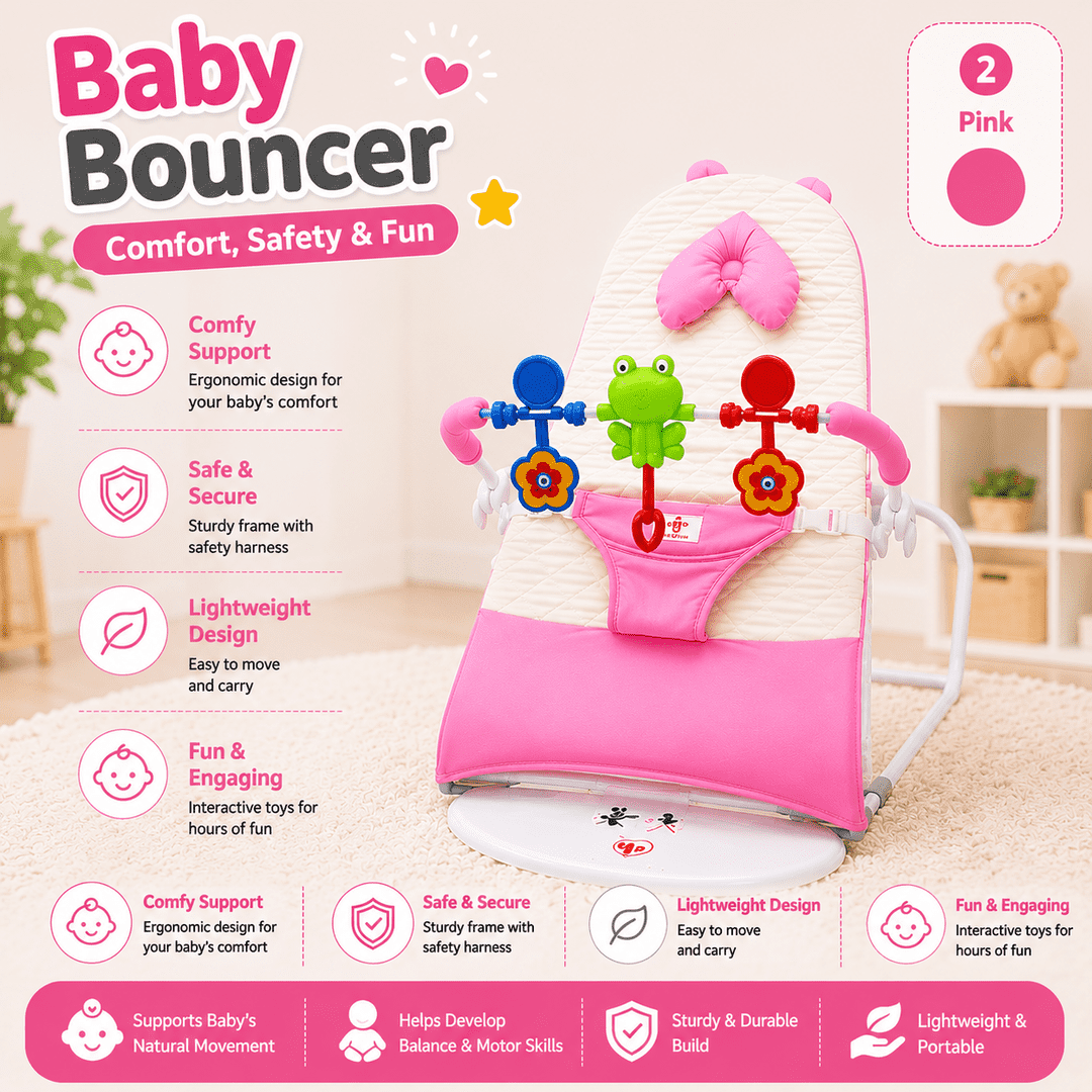 Baby Bouncer with pillow, toy & music Chair for Newborn Infant | Soft Baby Rocker Seat with Toy Bar Safety Belt Portable Baby Swing Chair
