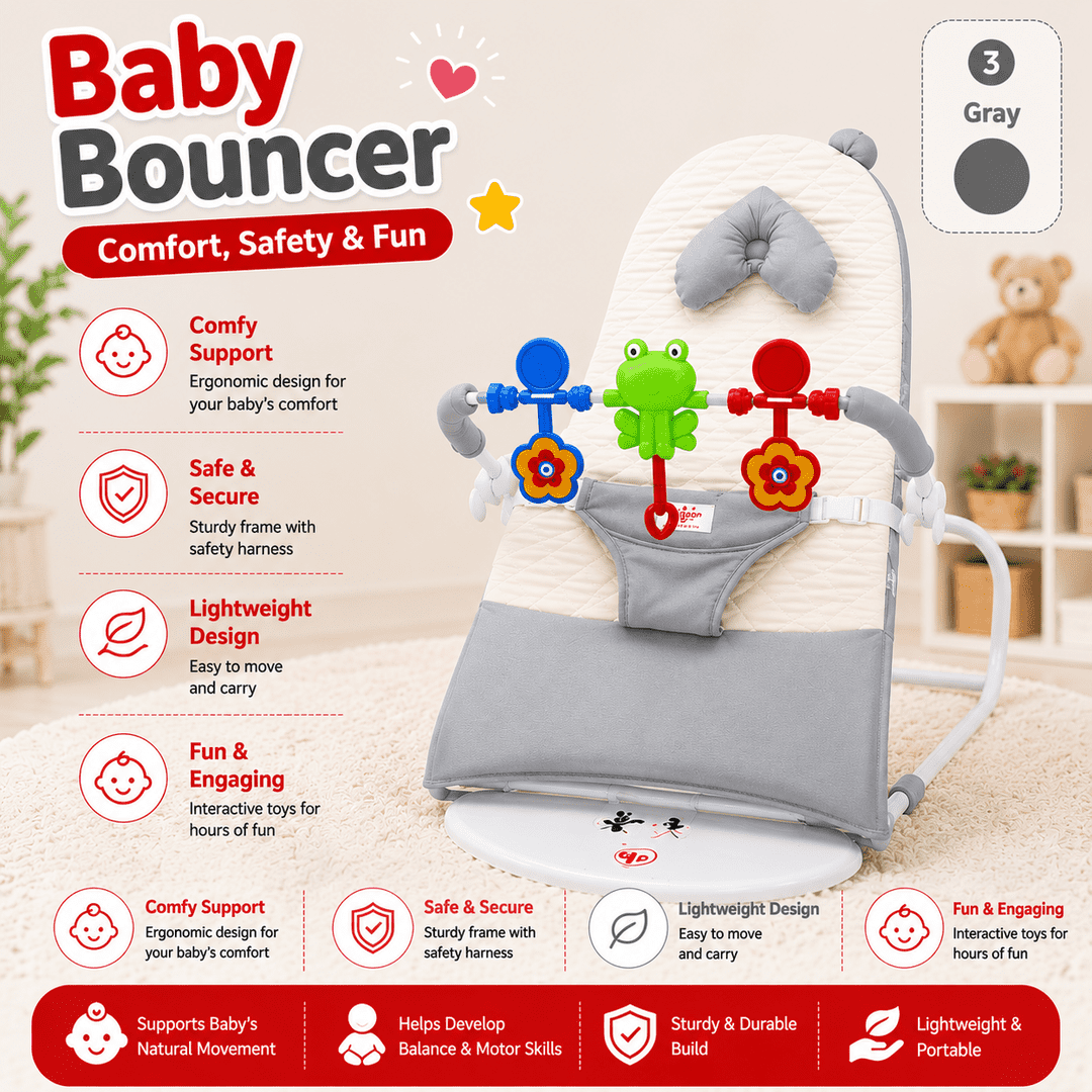Baby Bouncer with pillow, toy & music Chair for Newborn Infant | Soft Baby Rocker Seat with Toy Bar Safety Belt Portable Baby Swing Chair