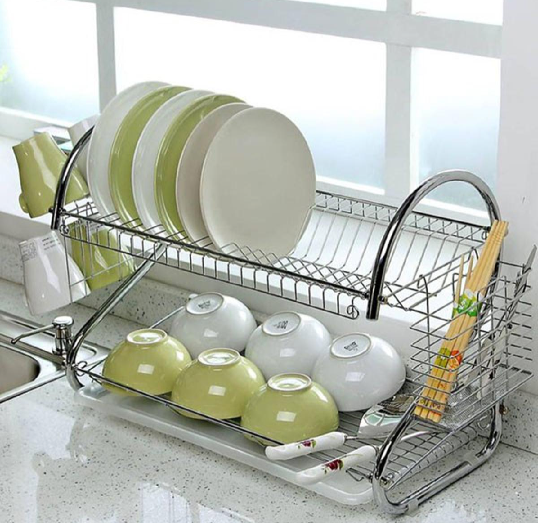 ?? ????_ 2 Layer Dish Drainer, Kitchen Stainless Steel 2 Layer S Shape Dish Rack Organizer Storage Set with Tray