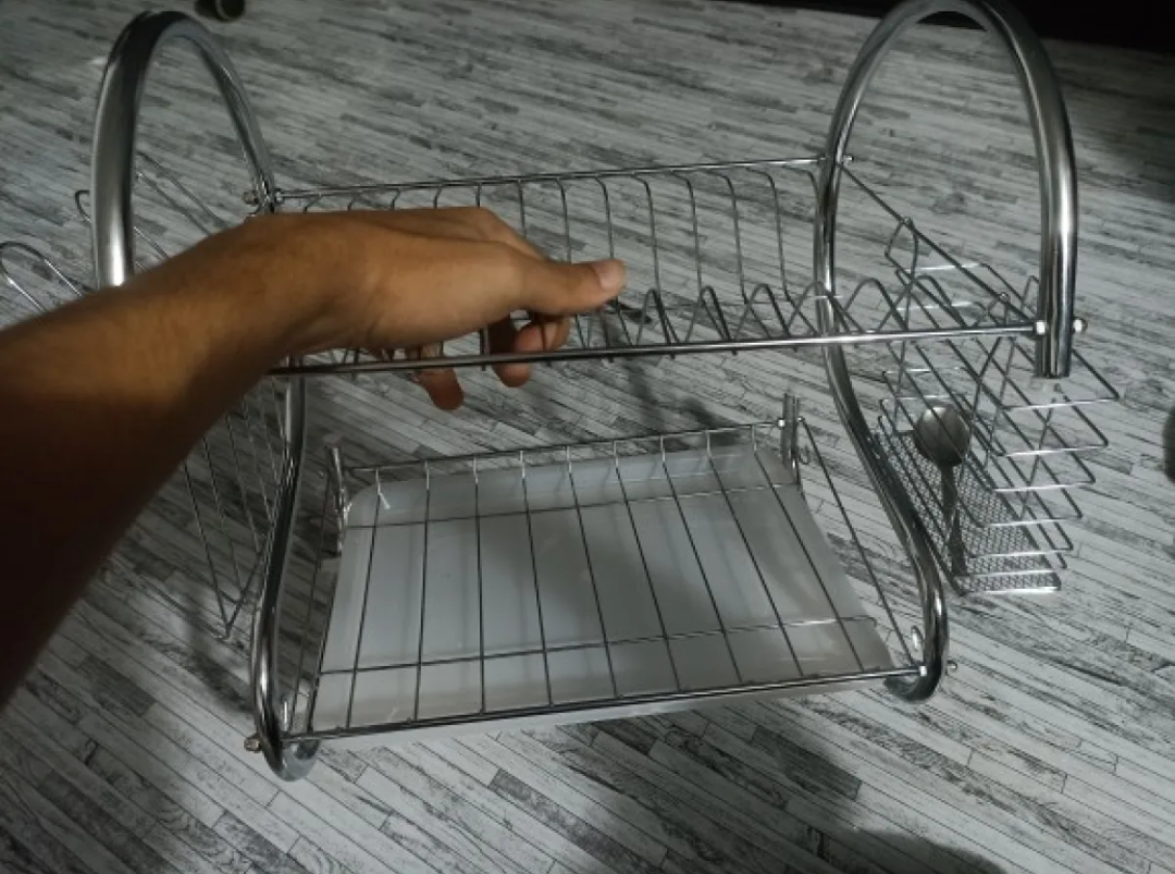 ?? ????_ 2 Layer Dish Drainer, Kitchen Stainless Steel 2 Layer S Shape Dish Rack Organizer Storage Set with Tray