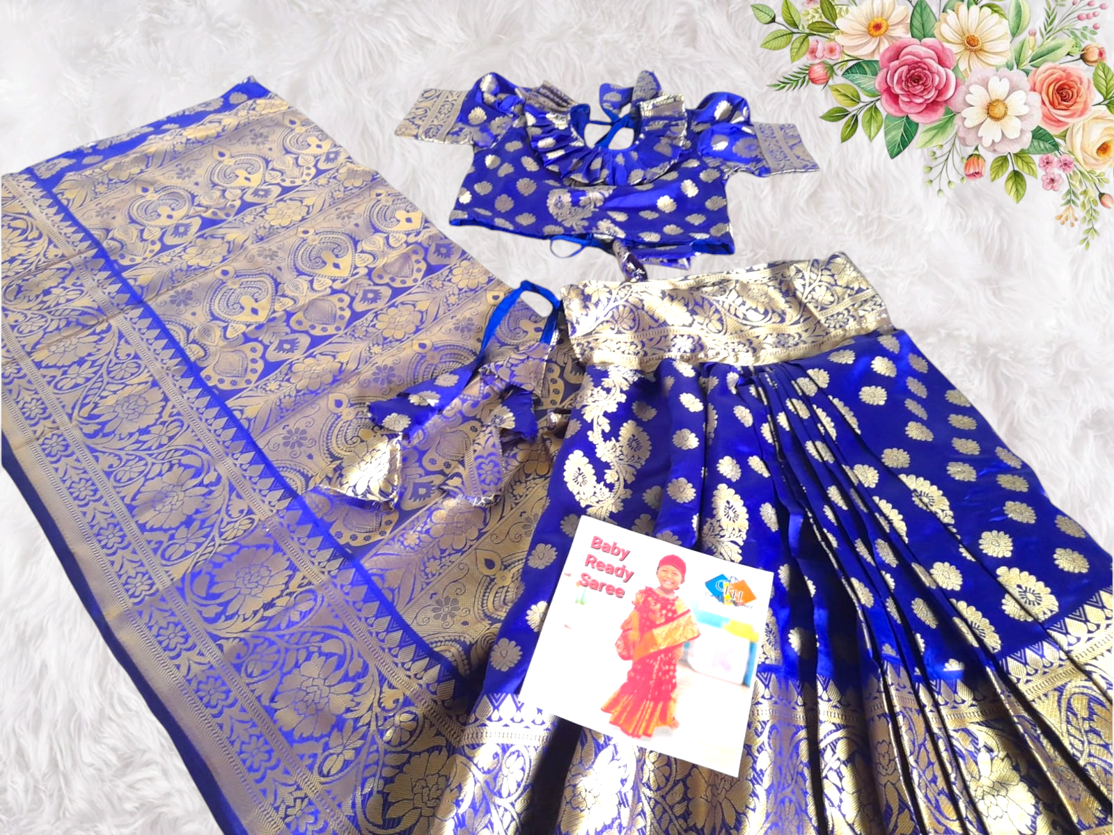 Baby Ready Saree- Blue katan