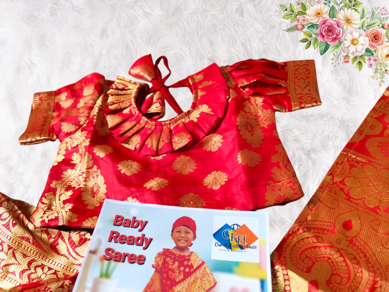 Baby Ready Saree Red Katan