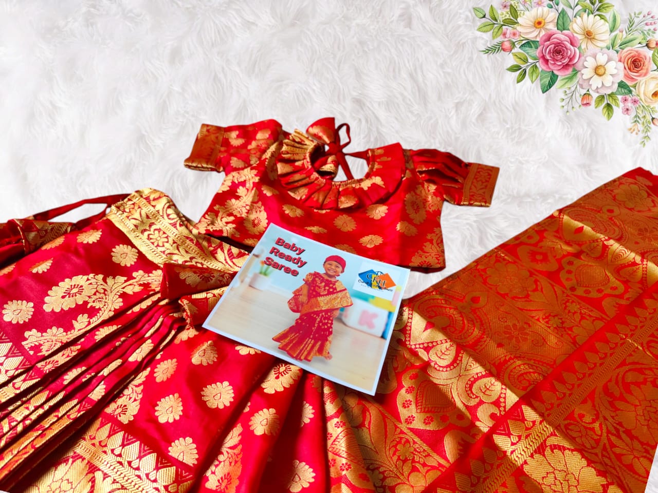 Baby Ready Saree Red Katan
