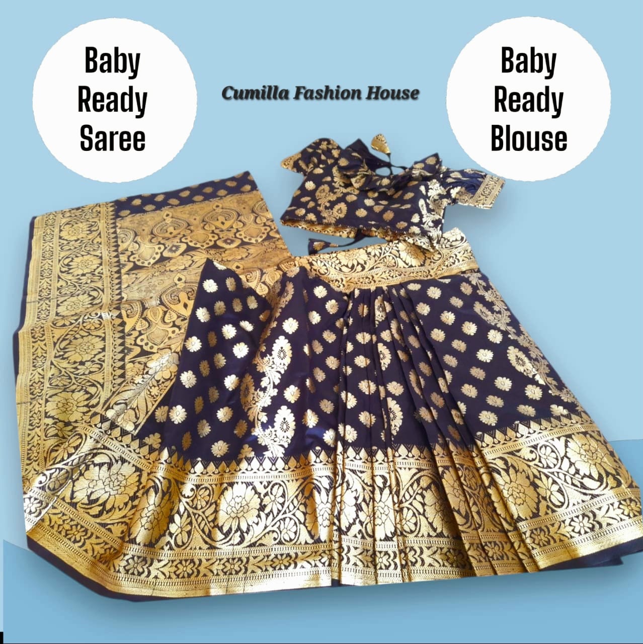 Baby Ready Saree- Black Katan