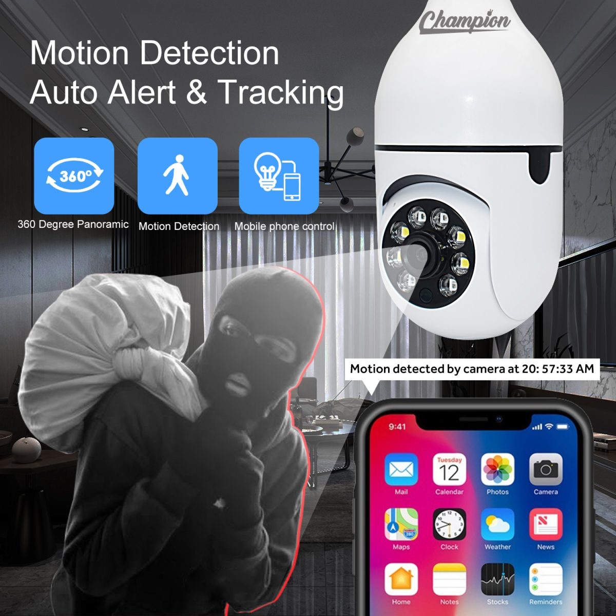 Champion PTZ Single Lens Bulb Wifi IP Camera