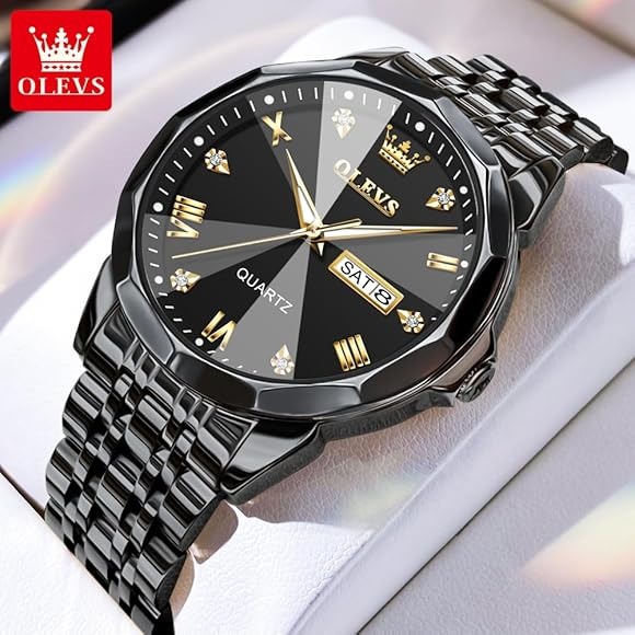 POEDAGAR 930 Men’s New Luxury Luminous Date Week Stainless Steel Quartz Watch For Men (Black)
