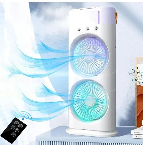 Rechargeable Dual Head Mist Cooling Fan with Adjustable Speeds