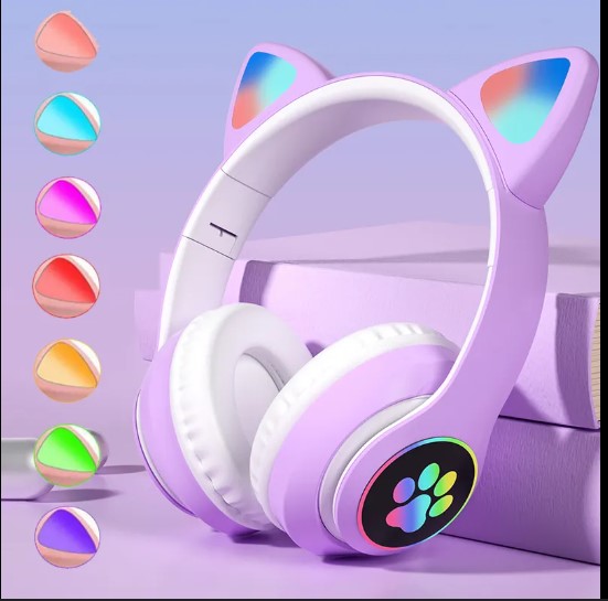 STN-28 Over Ear Music Headset Glowing Cat Ear Headphones Foldable Wireless BT5.0 Earphone with Mic AUX in TF Card MP3 Player Colorful LED Lights for PC Laptop Computer Mobile Phone