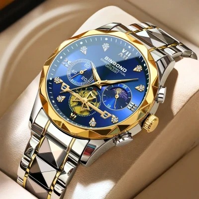 BINBOND B1236 Brand Fashion Tourbillon Dial Quartz Watches Men’s Luxury Stainless Steel + Free Chain cutter @ battery . : 8190