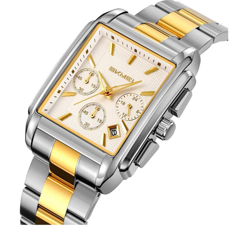 Skmei 2339 Golden Dial SS Strap Watch for Men-Silver & White