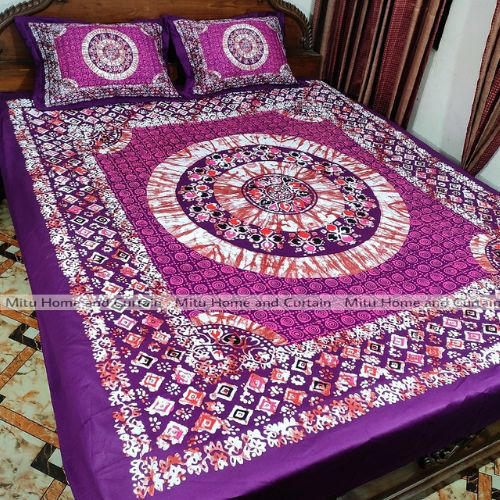 King Size Full Panel Cotton Bedsheet Set with Pillow Covers Chador Set (Purple Art)