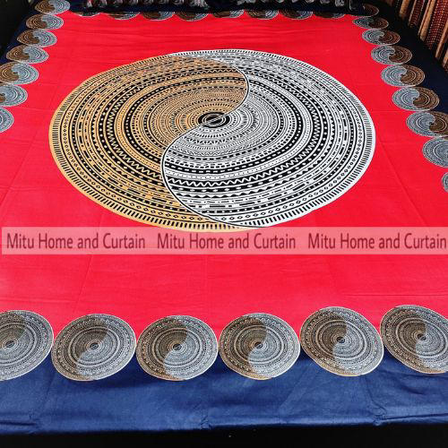 King Size Full Panel Cotton Bedsheet Set with Pillow Covers Chador Set (Red & Blue Art)