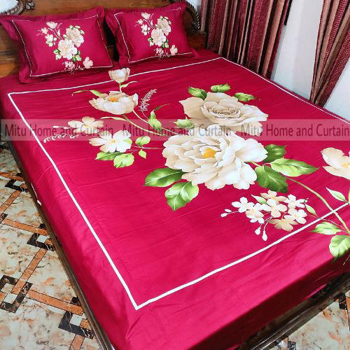 King Size Full Panel Cotton Bedsheet Set with Pillow Covers Chador Set (Maroon Flower Art)