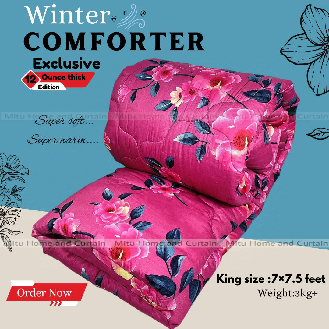 King Size Premium Cube Design Twill Cotton Fabric Winter Comforter, 7*7.5 ft / 84*90 in (Barbie Pink)