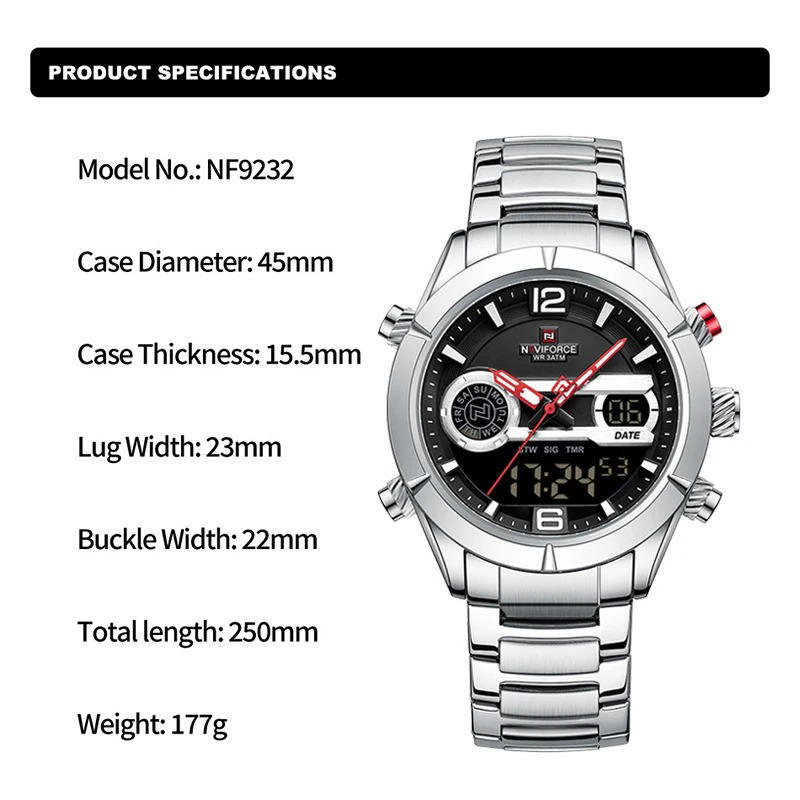 Naviforce 9232 Quartz Men’s Watch–Sliver Black