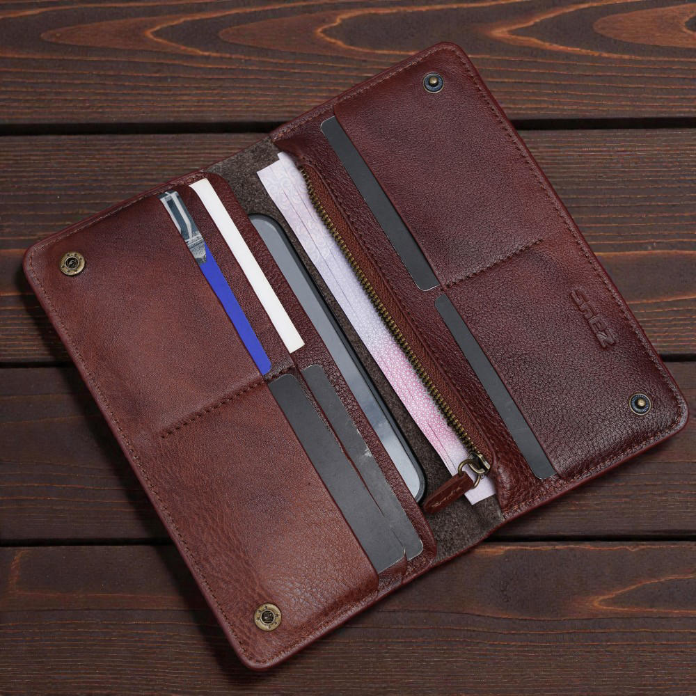 Zays Premium Genuine Leather Long Wallet for Unisex - Elegant Design Spacious Card and Mobile Slots - Durable Full Grain Leather (ZLW104-Antique Brown)