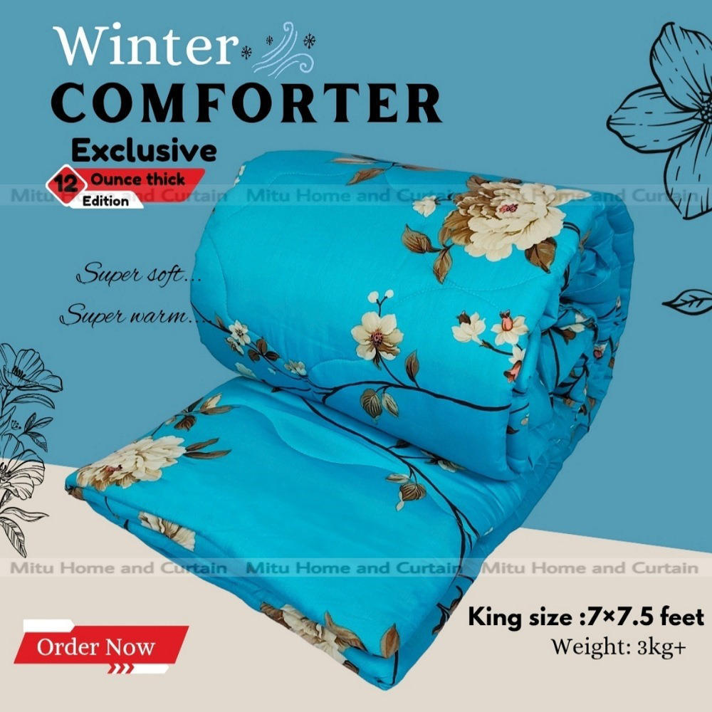 King Size Premium Cube Design Twill Cotton Fabric Winter Comforter, 7*7.5 ft / 84*90 in (Blue Flower)