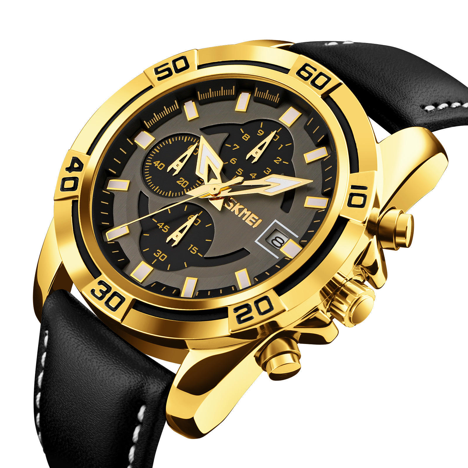SKMEI 9156 Chronograph Leather Watch for Men- Gold