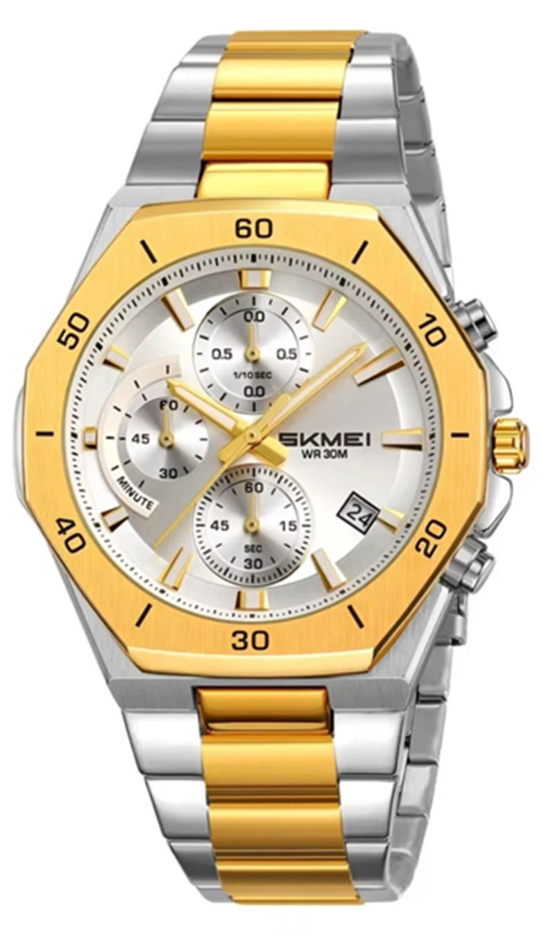 Skmei 2452 Chronograph Luminous Stainless Steel Quartz Watch for Men- Silver Gold