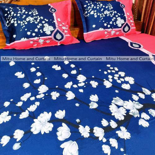 King Size Full Panel Cotton Bedsheet Set with Pillow Covers Chador Set (Deep Blue & Pink Art)