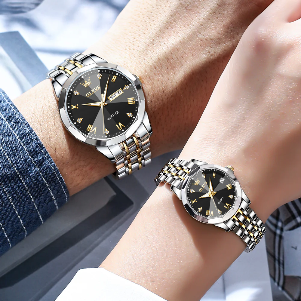 Olevs Stainless Steel fashionable Couple watches Silver black
