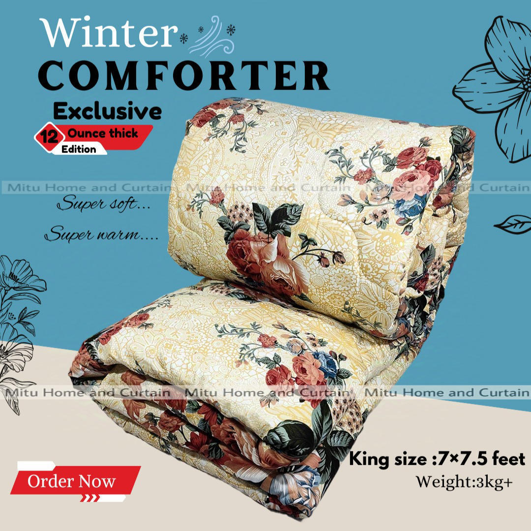 King Size Premium Cube Design Twill Cotton Fabric Winter Comforter, 7*7.5 ft / 84*90 in (Golden Flower)
