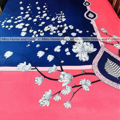 King Size Full Panel Cotton Bedsheet Set with Pillow Covers Chador Set (Deep Blue & Pink Art)