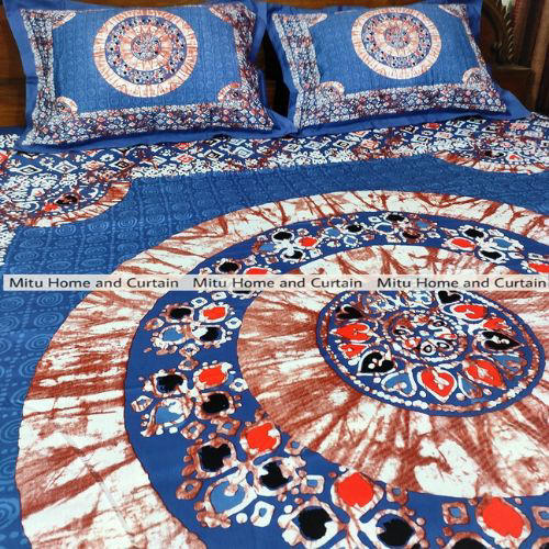 King Size Full Panel Cotton Bedsheet Set with Pillow Covers Chador Set (Sky Blue Panel Art)