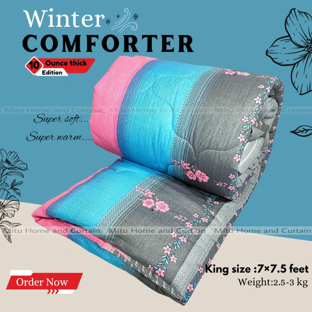 King Size Exclusive Cotton Fabric Winter Comforter with European Cube Design, 84*90 in / 7*7.5 ft (Blue Shade Art)