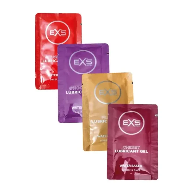 EXS Lubricant Mix Combo Pack - Cherry, Chocolate, Strawberry & Peach Flavored Water Based Lubricant 5ml x 4 Pouch - Travel/Honeymoon Pack