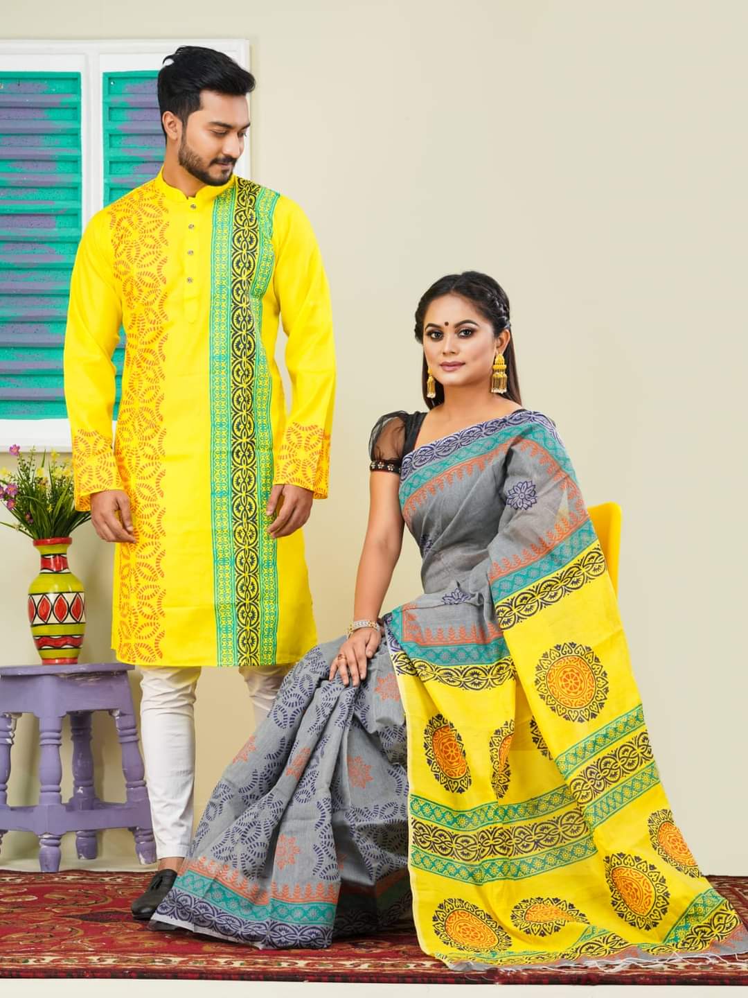 এক্সক্লুসিভ ধুপিয়ান সিল্ক শাড়ি & পাঞ্জাবি কাপল ড্রেস