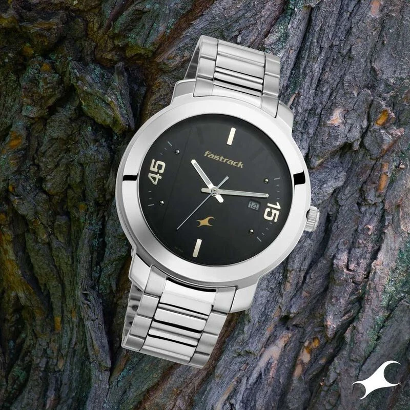 Fastrack NS3246SM02 Bare Basics Quartz Analog with Date Black Dial Stainless Steel Strap Watch