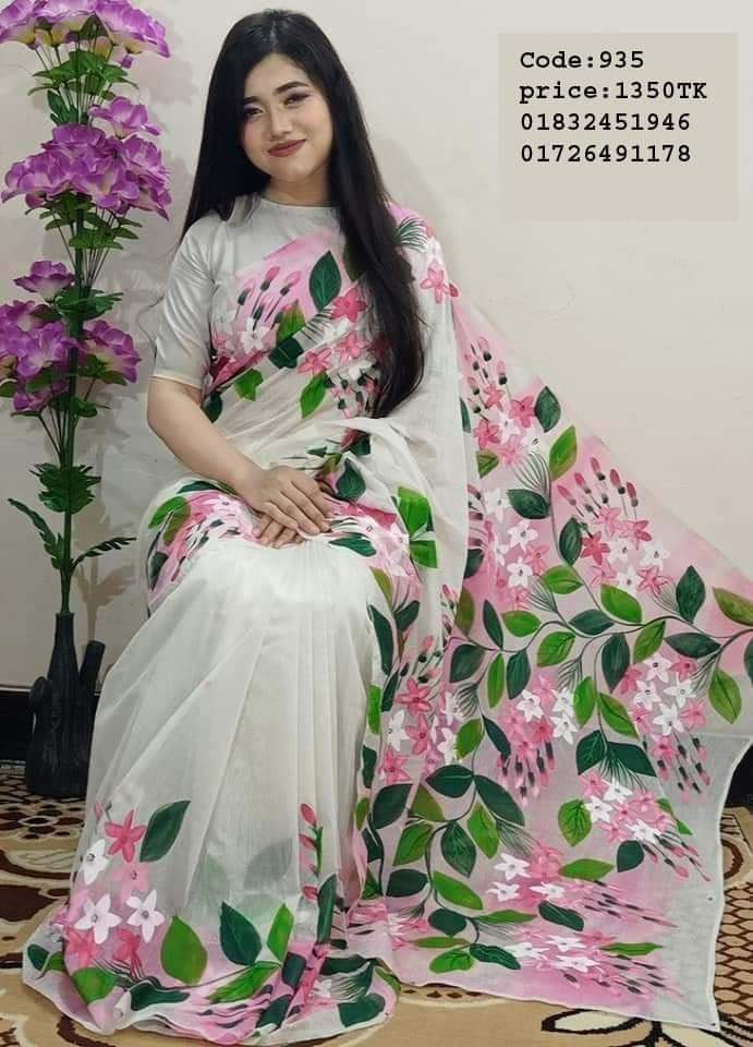 হাফসিল্ক শাড়ীতে হ্যান্ডপ্রিন্ট তুলির কাজ করা
