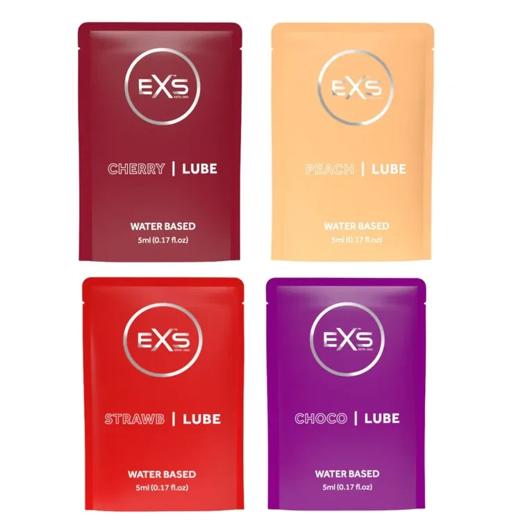 EXS Lubricant Mix Combo Pack - Cherry, Chocolate, Strawberry & Peach Flavored Water Based Lubricant 5ml x 4 Pouch - Travel/Honeymoon Pack