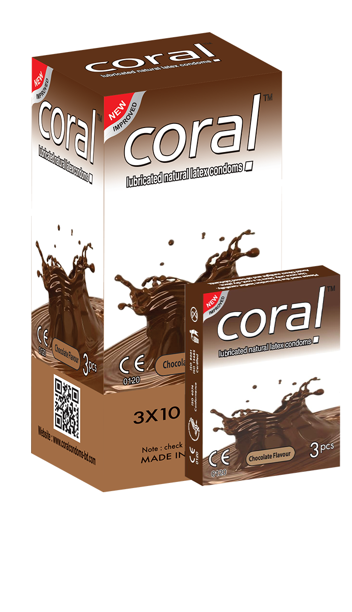 Coral Chocolate Flavors Lubricated Natural Latex Condoms Full Box (30 Pcs)