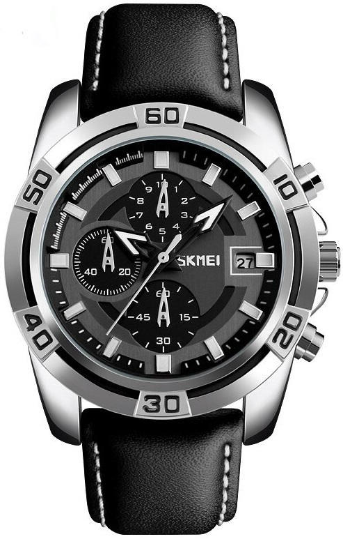SKMEI 9156 Chronograph Leather Watch for Men- Black