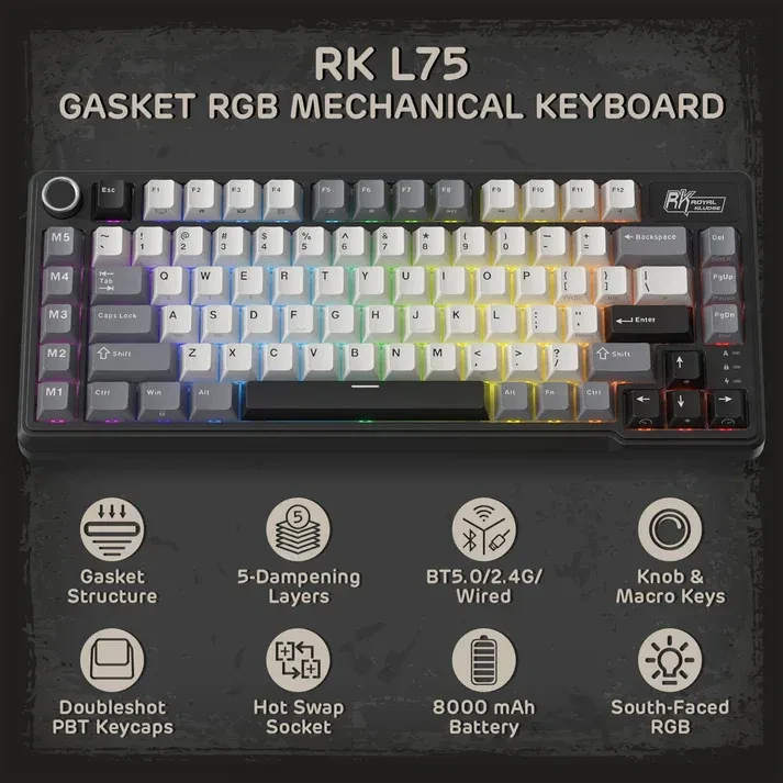ROYAL KLUDGE RK L75 Tri-Mode Hot-Swappable Wireless Mechanical Gaming Keyboard – Palm Green