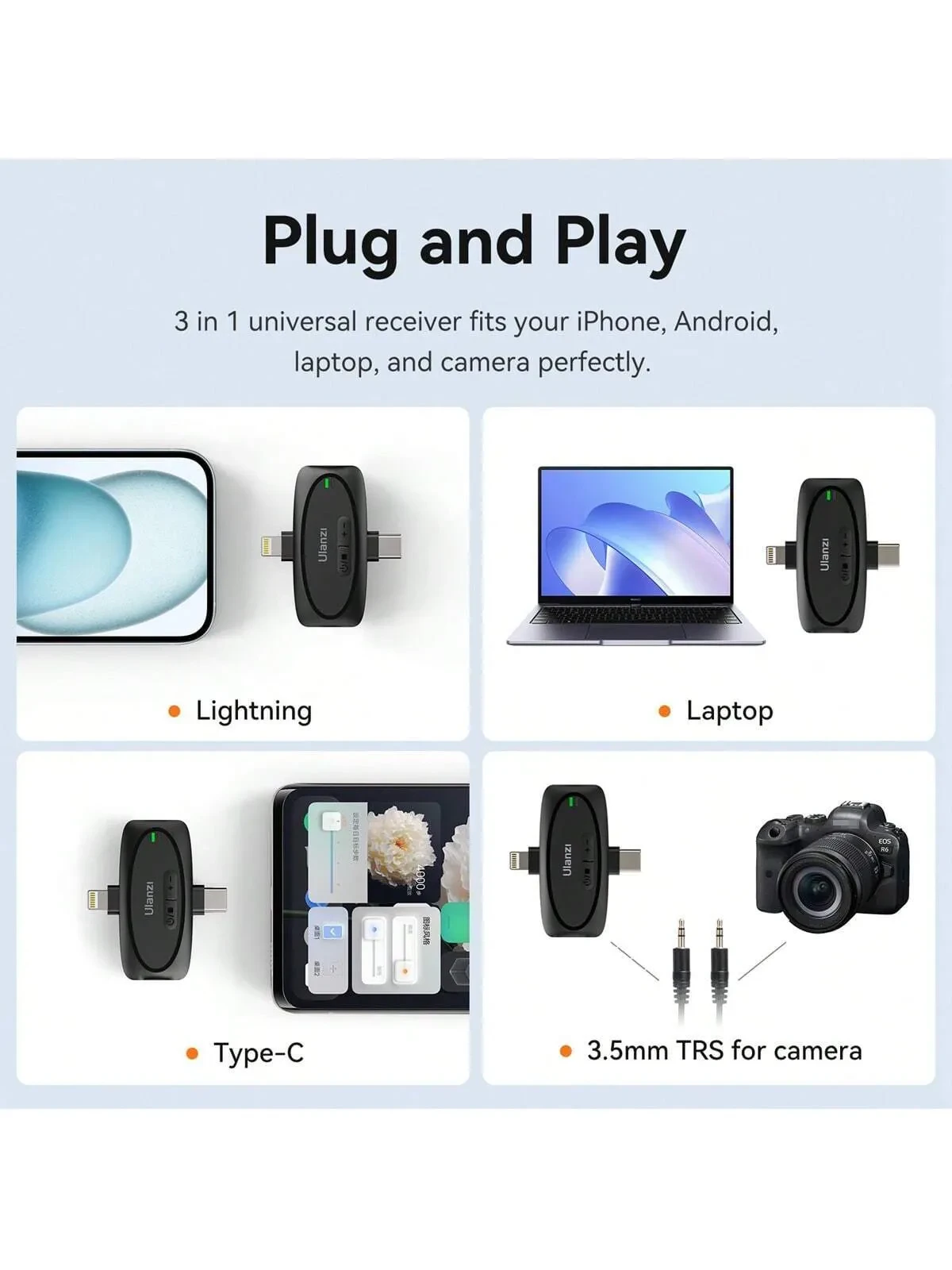 Ulanzi V6 3-in-1 Wireless Lavalier Microphone for iPhone, Android, Tablet & Camera