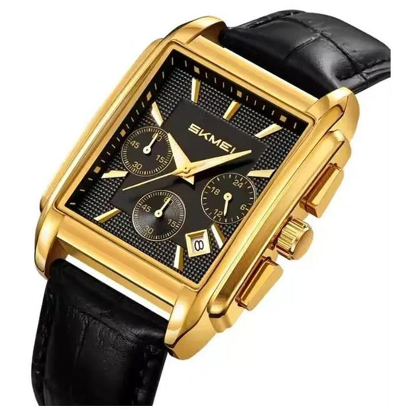 Skmei 2339 Square Dial Leather Strap Watch for Men-Black & Gold