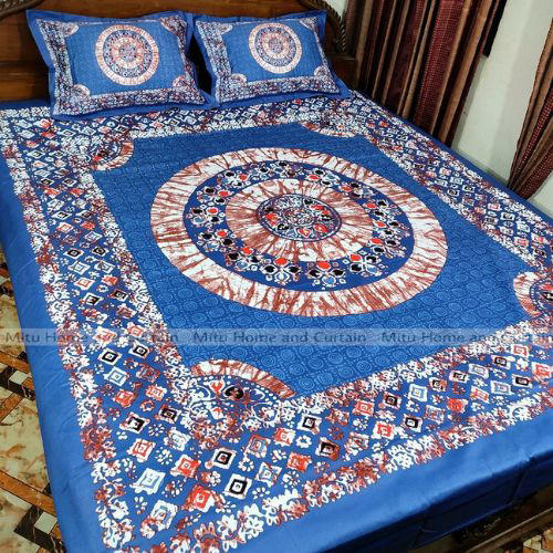 King Size Full Panel Cotton Bedsheet Set with Pillow Covers Chador Set (Sky Blue Panel Art)