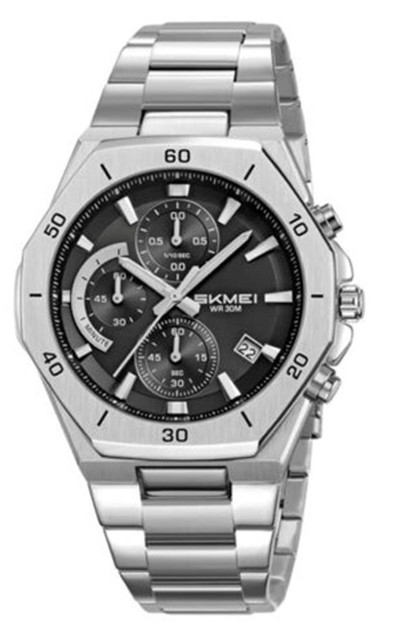 Skmei 2452 Chronograph Luminous Stainless Steel Quartz Watch for Men- Silver Black